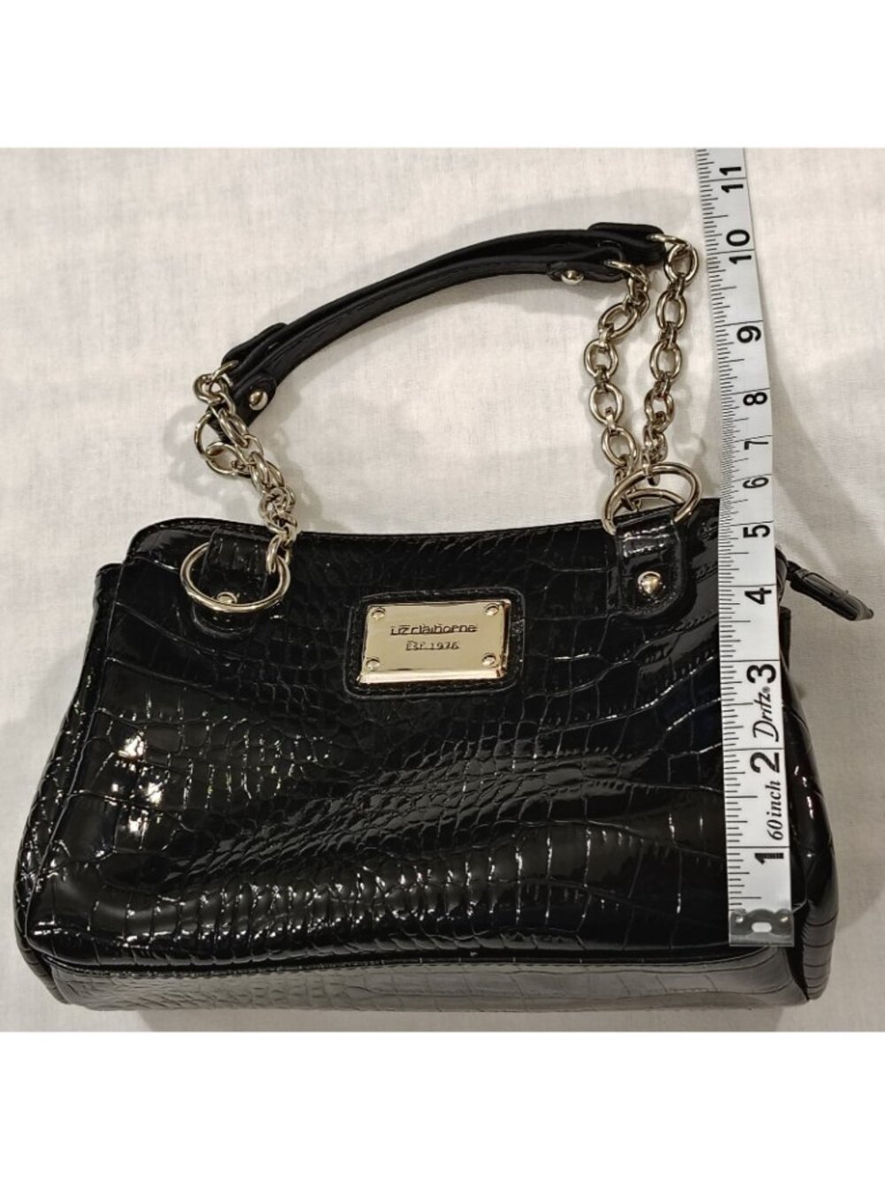 Liz Claiborne Handbag Purse Black 9"x6" Faux Croc Leather Shiny Pockets Chain - Picture 9 of 16